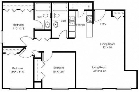 Floor plan for 3 beds, 2 baths, 1336 sqft